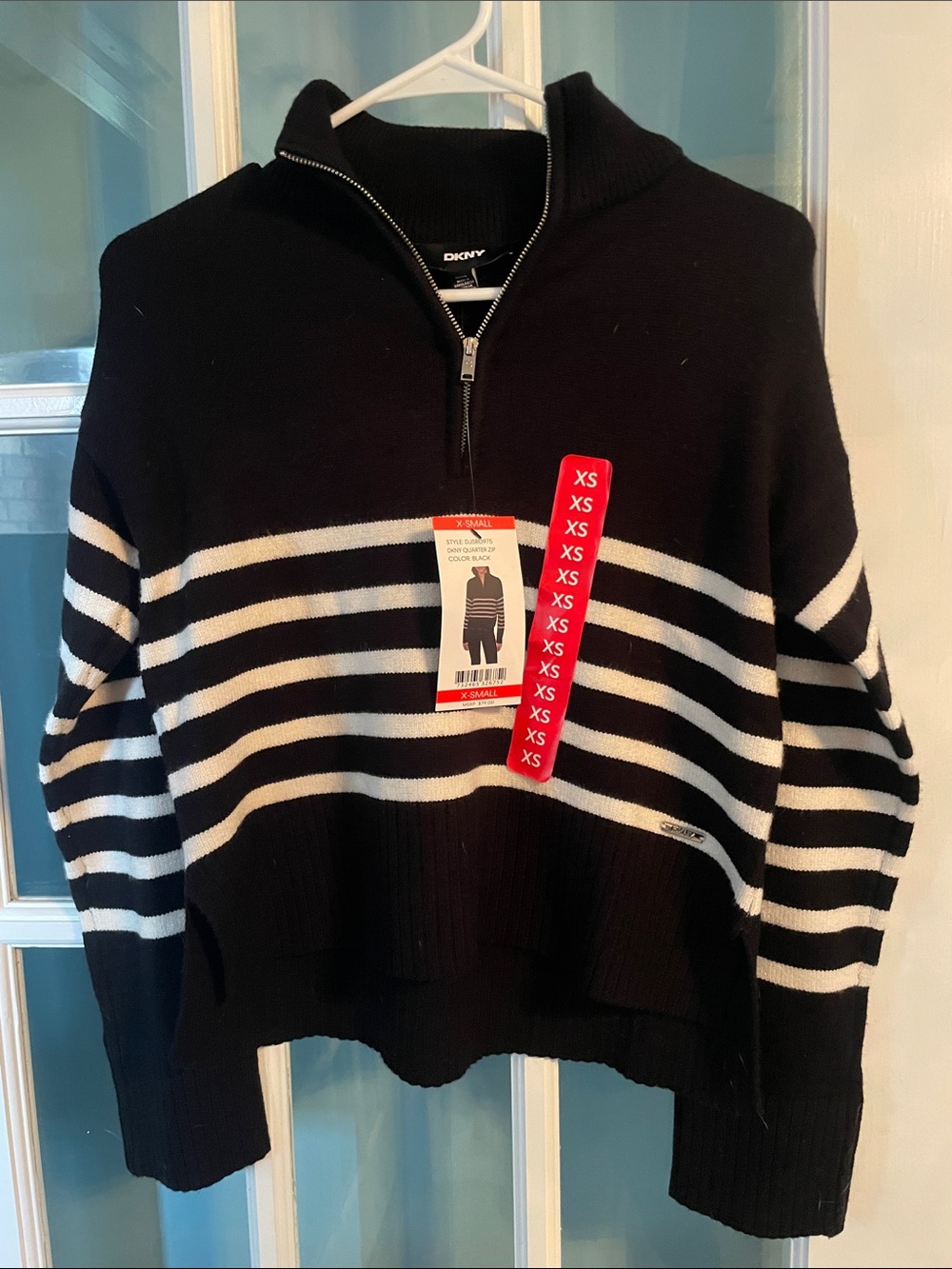 DKNY Black and White Striped Half-Zip Sweater
